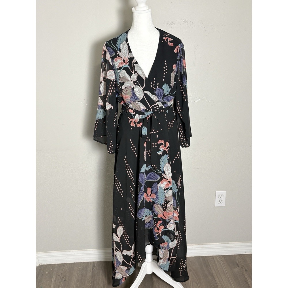 Japna Black Tropical Leaf Print Wrap Dress Chiffon Flowy Kimono Sleeve Maxi L
